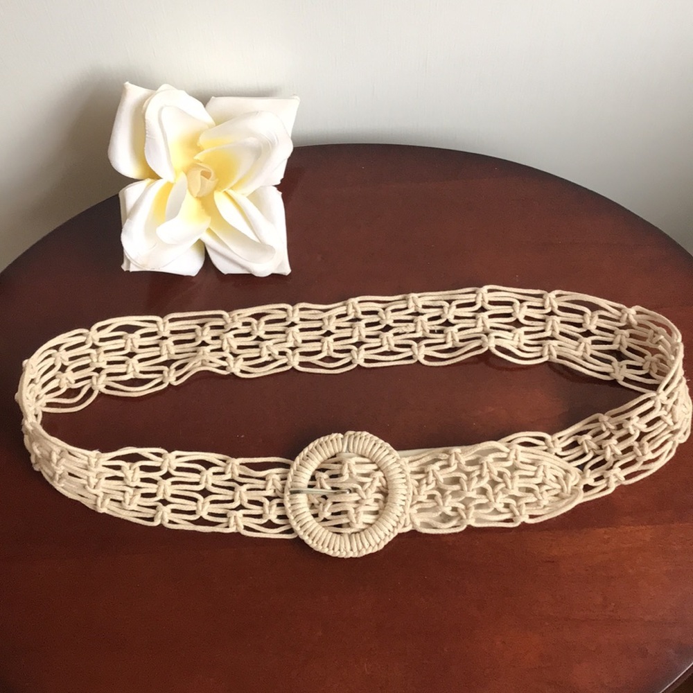 Macrame Style Woven Fabric Belt Crochet Natural Cotton sz M up to 34”